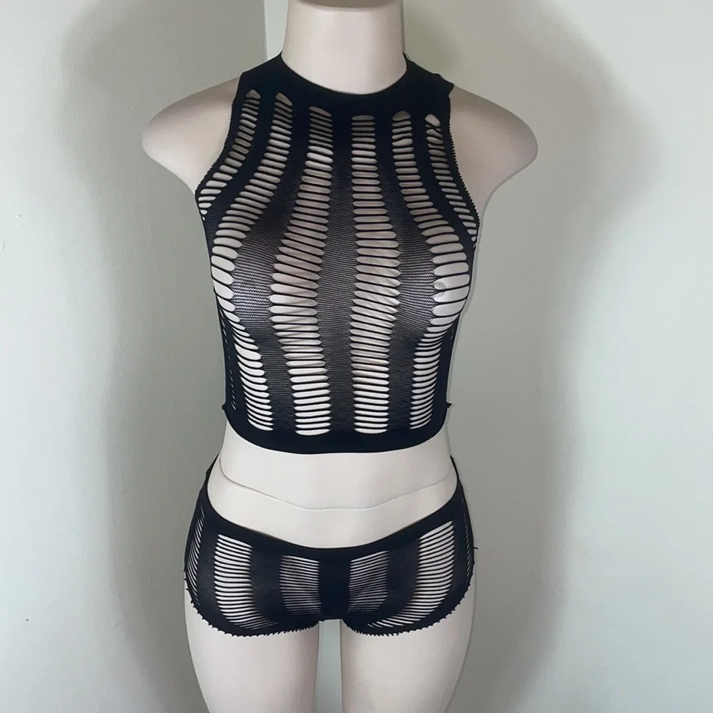 Sexy Black Stretchy Mesh Fishnet Cutout High Waist